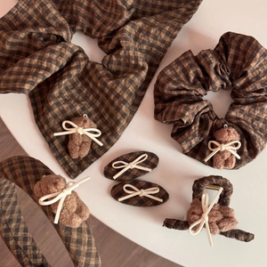 Vintage brown plaid hair accessory set with plush bears and cute ribbon bows
