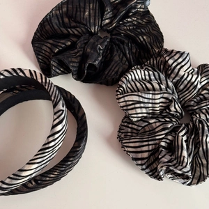 Metallic zebra print scrunchies and headband set in gold and silver textured fabric