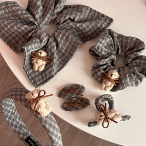 Cute plaid bear plush hair scrunchie set with blue pattern and sweet bow details