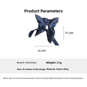 Blue plaid hair scrunchie with long ribbon bow and 24x24cm size parameter details