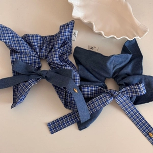 Vintage blue checkered and denim bow hair scrunchies with elegant gold metal charms