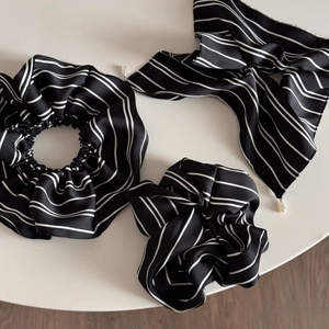 French vintage black and white striped scrunchies and silk scarf with pearl pendant charms