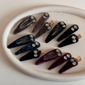 French vintage velvet hair clips with square rhinestones in assorted dark colors