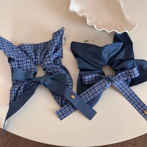 Vintage blue checkered bow scrunchie with denim fabric and gold love charm detail