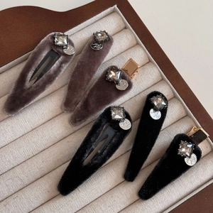 French vintage velvet hair clips set with square rhinestones and silver charms
