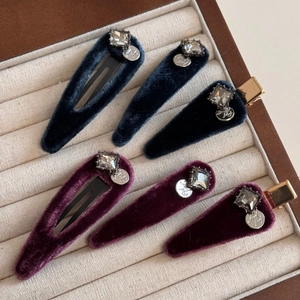 French vintage velvet hair clips with square rhinestones and silver letter pendants