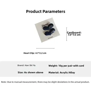 Detailed view of denim heart hair clips with dimensions and acrylic alloy material specifications
