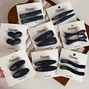 Vintage Dark Blue Denim Fabric Wrapped Hair Clips Handmade Letter Print Heart Bow Wave Shape Bangs Clips Hair Accessories