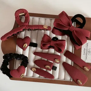 Vintage Korean Style Wine Red Fabric Hair Clips With Gold Korea Label Bowknot Heart Hair Claw Clips For Women Hair Accessories