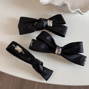 Lot de barrettes à cheveux en satin noir style français avec cristaux et perles grises