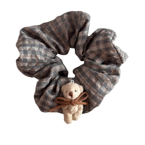 Retro checkered scrunchie with cute teddy bear plush pendant for women hair accessories