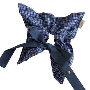 Blue plaid scrunchie with denim bow and vintage gold metal love charm for women