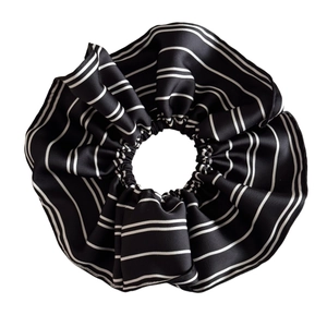 French vintage oversized black and white striped scrunchie with silky satin texture