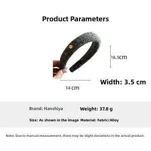 Gray fabric headband with oval gold buckle detail showing material and size specs