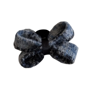 Elegant tweed bow hair clip in blue and grey blend with black ribbon center for women