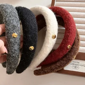 Vintage Thickened Woolen Headband For Women Gold Buckle High Cranial Top Lamb Wool Hair Band Autumn Winter Hair Accessories