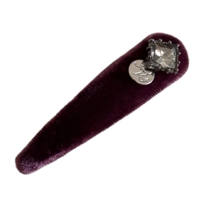 Vintage deep purple velvet triangular hair clip with square crystal and silver pendant