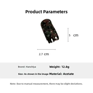 Detailed specs of acetate hair claw clip showing size 5cm x 2.7cm and 12.8g weight