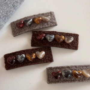 Brown plush heart BB clips 4-pack featuring warm coffee tone faux fur for winter styling