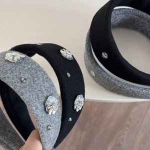 Knitted rhinestone flower headband in black and grey with sparkling sequins and studs