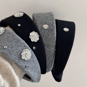 Elegant wide grey and black rhinestone flower headbands with sparkling sequin details