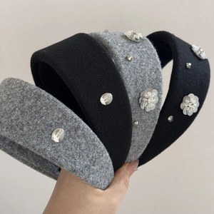 Elegant black and grey rhinestone flower headbands with motivational engraved metal plates