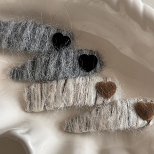 Cute heart-shaped fuzzy yarn hair clips set in grey and white for autumn and winter