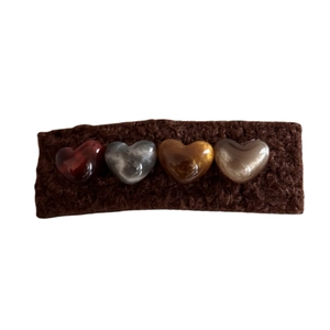 Brown knitted hair clip with four colorful resin hearts for autumn and winter styles