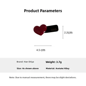 Detail view of red acetate heart hair clip showing 4.5cm size and 3.7g weight specifications