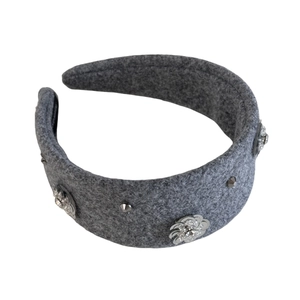 Elegant dark grey felt headband featuring sparkling rhinestone flowers and metal studs