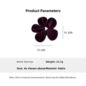 Detailed view of purple velvet flower hair scrunchie with 19cm dimensions and size specifications