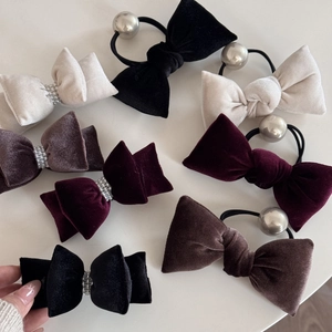 Elegant velvet bow hair clips and ties set in black, cream, burgundy and brown colors