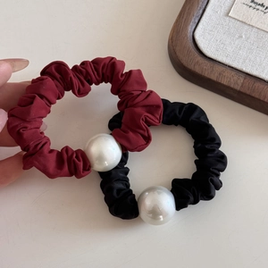 Elegant set of black and wine red scrunchies with large faux pearl beads for women