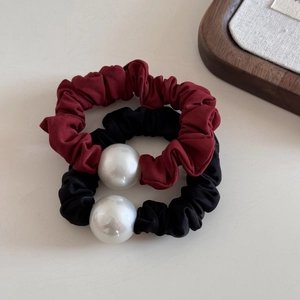 French vintage style pleated hair scrunchies in red and black with large white pearl beads