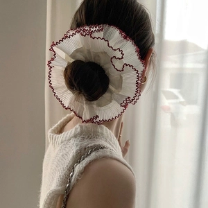 White pleated scrunchie with red edges featuring lace double layer and high elastic band
