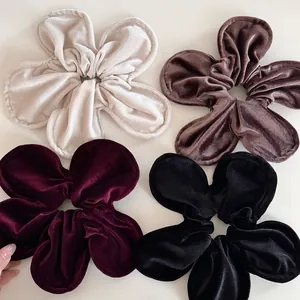 Set of four vintage velvet floral scrunchies in cream, chocolate, burgundy and black colors