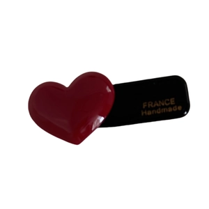 Elegant red acetate heart hair clip with gold France Handmade lettering on black base