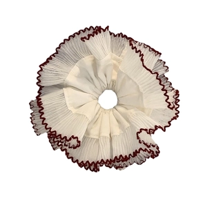 Double-layered white hair scrunchie with red lace trim and elastic pleated fabric