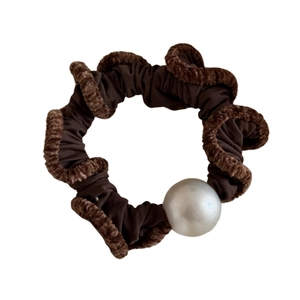 Brown ruffled hair scrunchie with plush trim and large pearl accent for women