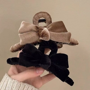 French velvet bow hair claw clips in brown and black for elegant winter hairstyles