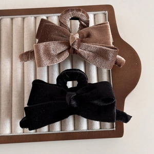 French velvet bow hair claws in black and brown, elegant autumn winter shark clips