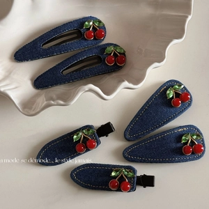 Cute Sweet Denim Fabric Cherry Rhinestone Hair Clips For Women Girls Handmade Fruit Style Hairpin Bangs BB Clips Accessories