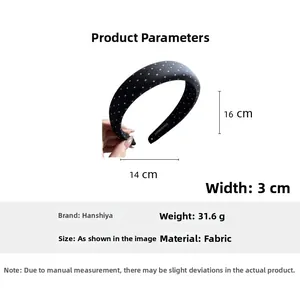 Polka dot headband dimensions showing 16cm height and 14cm width with handmade label