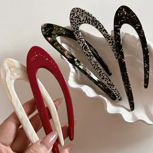 French Acetate Minimalist U-Shaped Hair Fork With Rhinestone Elegant Marbling Pattern Hair Stick For Women Updo Styling Tool