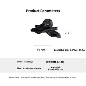 Detailed size specifications for black fabric bow hair claw clips with matte finish