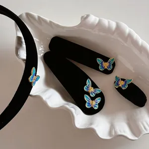 Retro Blue Butterfly 3D Alloy Flocked Hair Clip Elegant Velvet Hairpin Side Clip Headband Fashion Hair Accessories For Women
