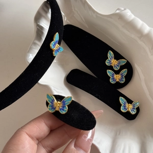 Vintage velvet butterfly headband and hair clip set with gold metal blue enamel accents