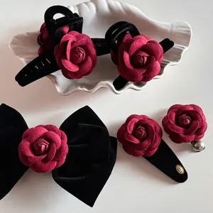 Vintage Wine Red Velvet Rose Hair Clip For Women Elegant Handmade Damascus Floral Bow Shark Clip Hair Claw Accessories