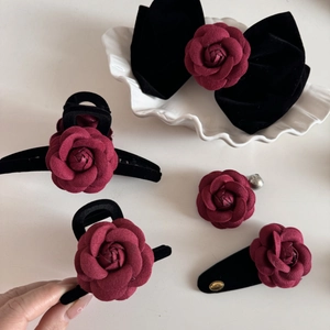 Elegant Damascus Red Rose hair claw set with velvet camellia flowers and gold Love plates