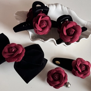 Damascus Red Rose Hair Claw Set with black velvet bow and elegant floral clips for women
